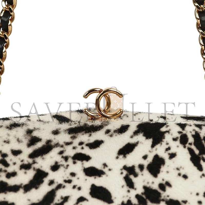 Ch**el MASTER DALMATIAN PRINT CLUTCH WITH CHAIN BLACK WHITE PONY HAIR GOLD HARDWARE (26*17*12cm)